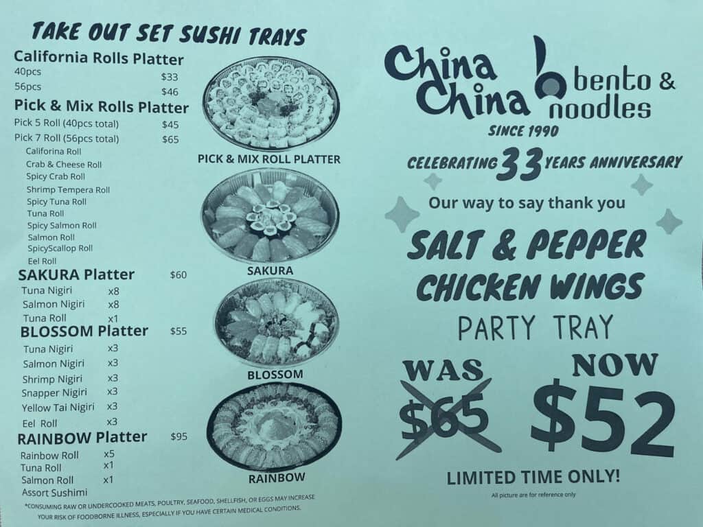 Party Tray Menu for China China Restaurant