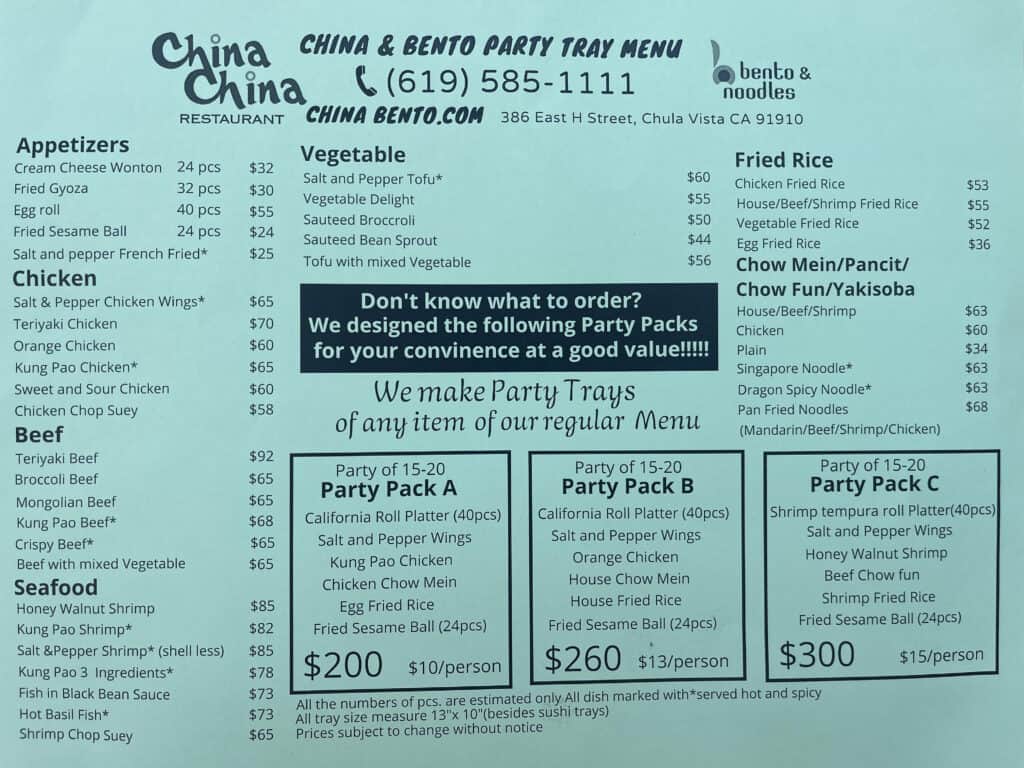Party Tray Menu for China China Restaurant